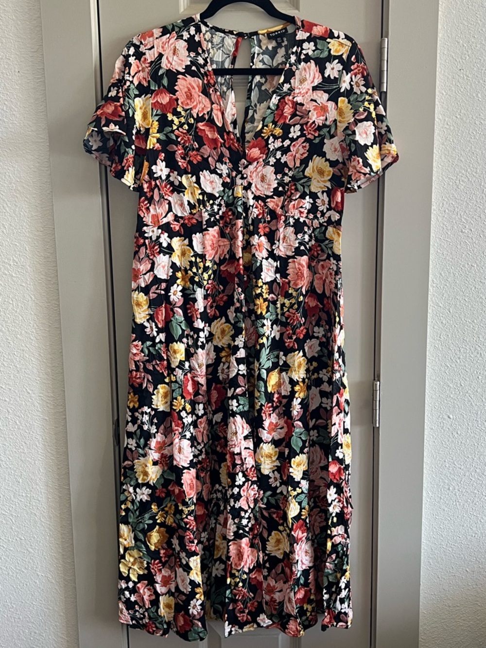 torrid Black Floral Midi Dress with Pink & Yellow Blooms